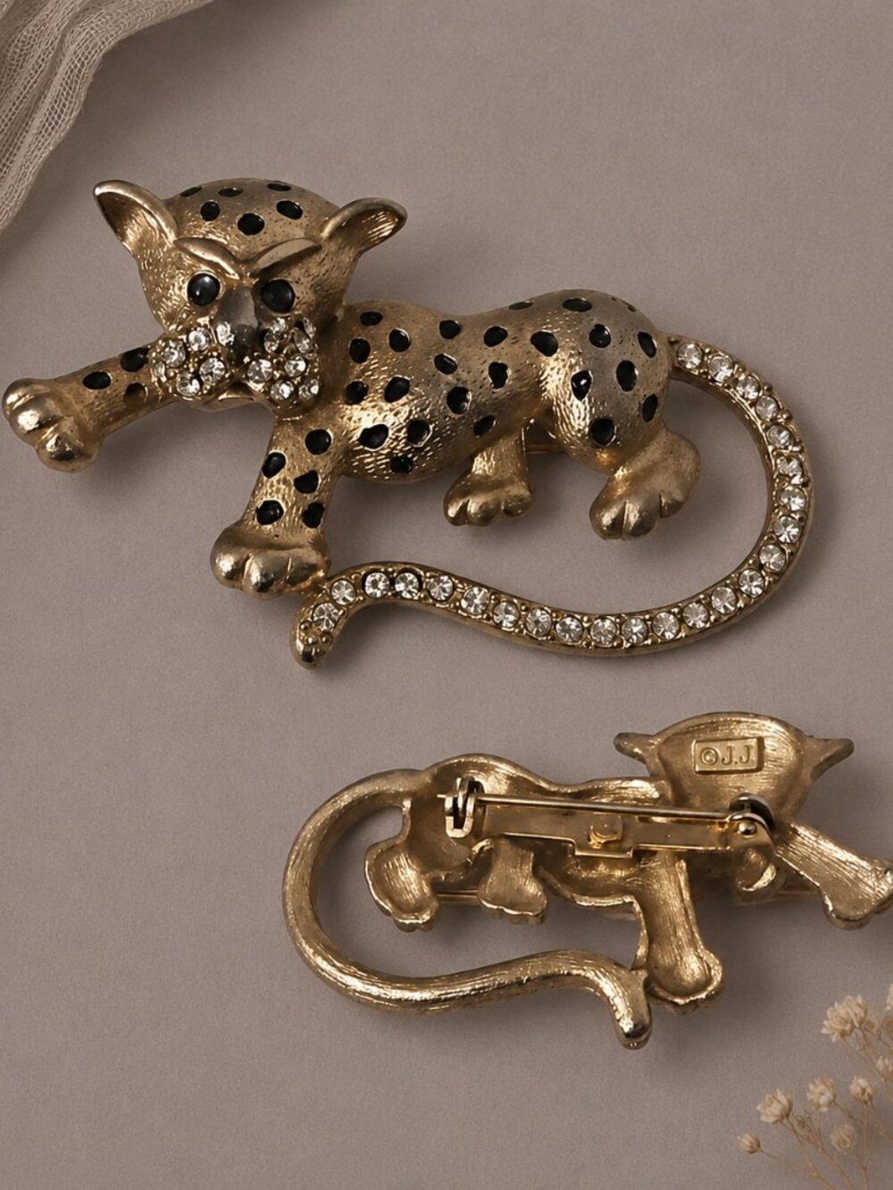 Vintage Signed JJ Rhinestone Leopard Cub Pin #0051